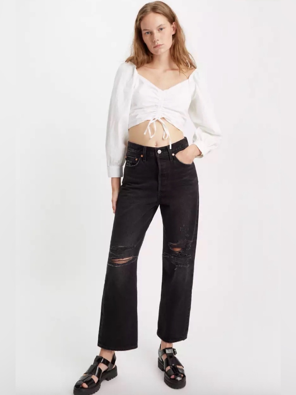 Levi's High-Rise Black Distressed Ribcage Jeans Sz 28